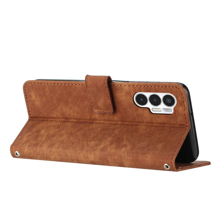 For Tecno Pova 3 Skin Feel Stripe Pattern Leather Phone Case with Lanyard(Brown)