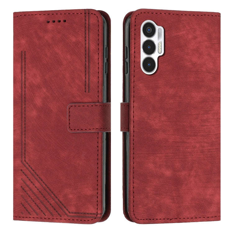 For Tecno Pova 3 Skin Feel Stripe Pattern Leather Phone Case with Lanyard(Red)