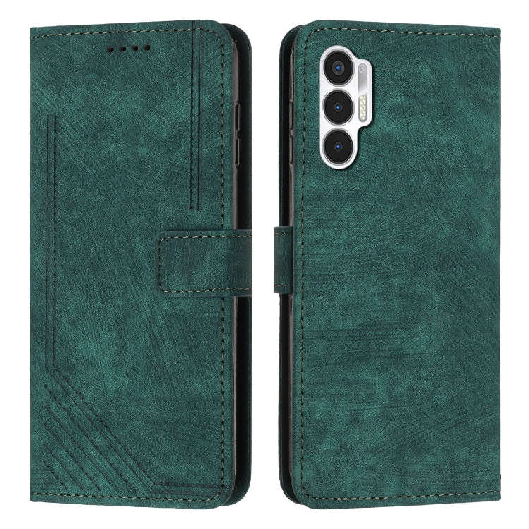 For Tecno Pova 3 Skin Feel Stripe Pattern Leather Phone Case with Lanyard(Green)
