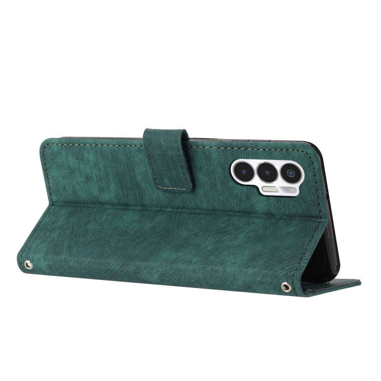 For Tecno Pova 3 Skin Feel Stripe Pattern Leather Phone Case with Lanyard(Green)