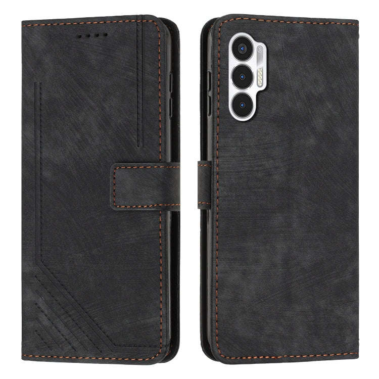 For Tecno Pova 3 Skin Feel Stripe Pattern Leather Phone Case with Lanyard(Black)