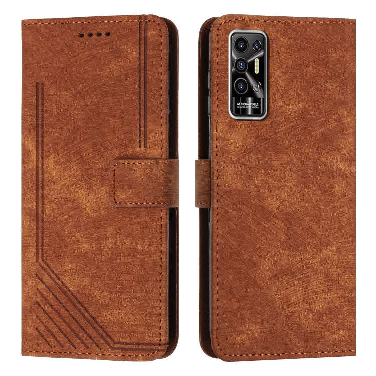 For Tecno Pova 2 Skin Feel Stripe Pattern Leather Phone Case with Lanyard(Brown)