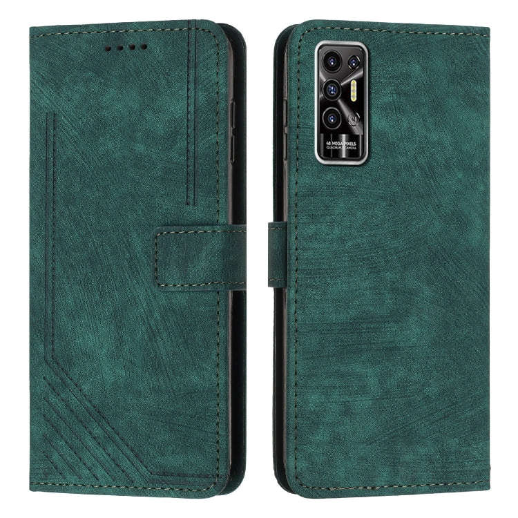 For Tecno Pova 2 Skin Feel Stripe Pattern Leather Phone Case with Lanyard(Green)