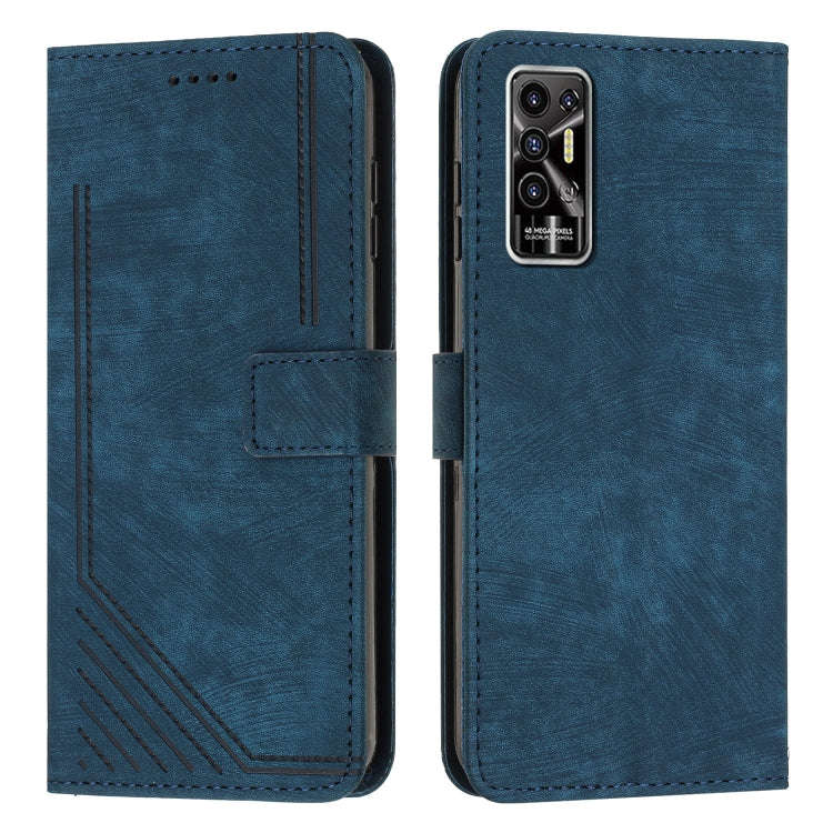 For Tecno Pova 2 Skin Feel Stripe Pattern Leather Phone Case with Lanyard(Blue)