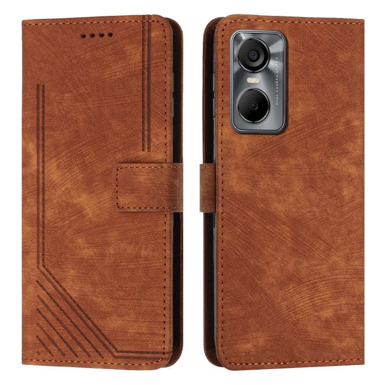 For Tecno Pop 6 Pro Skin Feel Stripe Pattern Leather Phone Case with Lanyard(Brown)