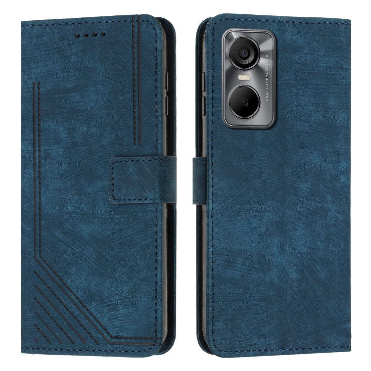 For Tecno Pop 6 Pro Skin Feel Stripe Pattern Leather Phone Case with Lanyard(Blue)