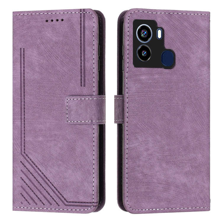 For Tecno Pop 6 Skin Feel Stripe Pattern Leather Phone Case with Lanyard(Purple)