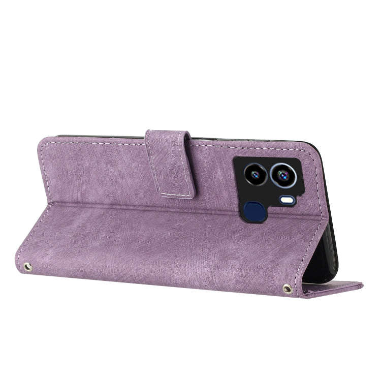 For Tecno Pop 6 Skin Feel Stripe Pattern Leather Phone Case with Lanyard(Purple)