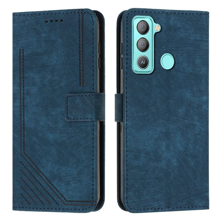 For Tecno Pop 5 LTE Skin Feel Stripe Pattern Leather Phone Case with Lanyard(Blue)