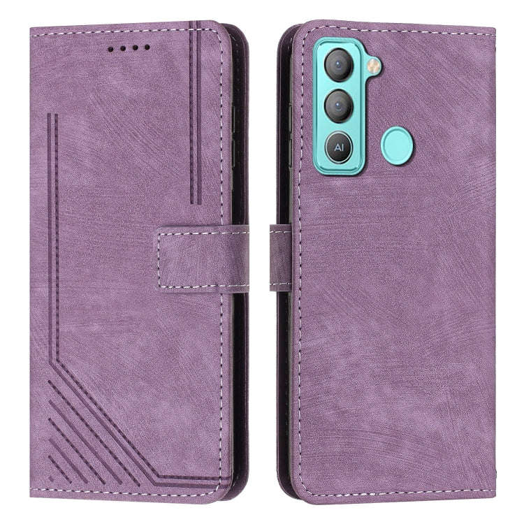 For Tecno Pop 5 LTE Skin Feel Stripe Pattern Leather Phone Case with Lanyard(Purple)