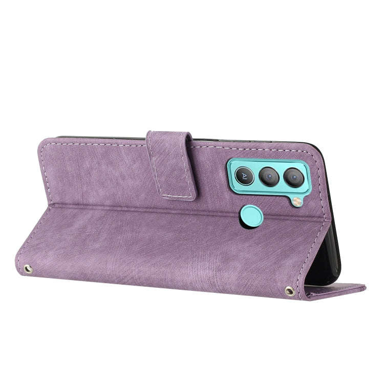 For Tecno Pop 5 LTE Skin Feel Stripe Pattern Leather Phone Case with Lanyard(Purple)