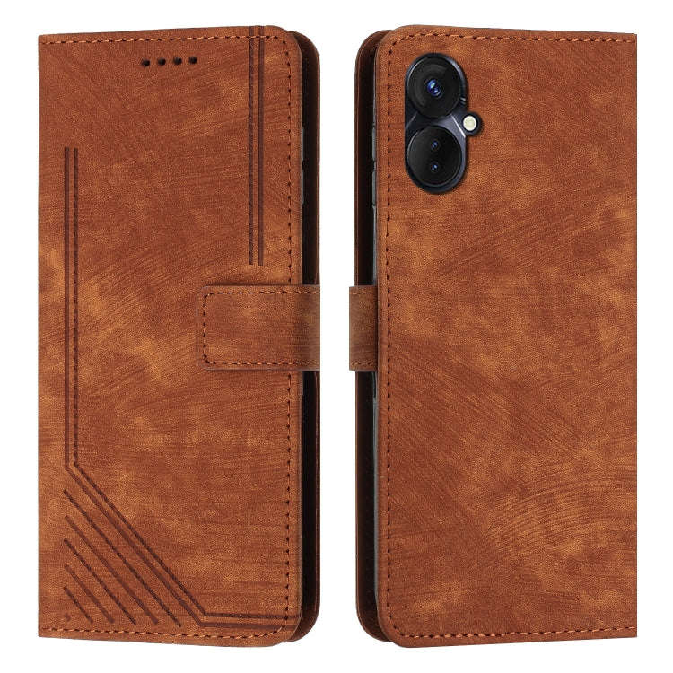 For Tecno Camon 19 Neo Skin Feel Stripe Pattern Leather Phone Case with Lanyard(Brown)