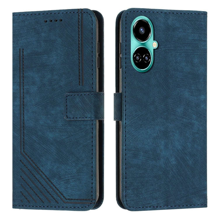 For Tecno Camon 19/19 Pro/19 Pro 5G Skin Feel Stripe Pattern Leather Phone Case with Lanyard(Blue)