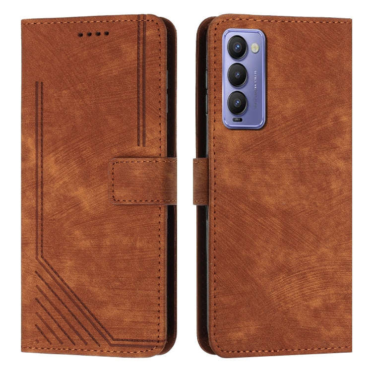 For Tecno Camon 18 / 18 P Skin Feel Stripe Pattern Leather Phone Case with Lanyard(Brown)