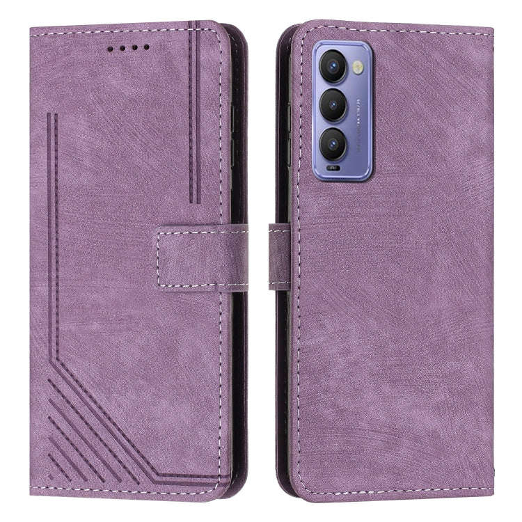 For Tecno Camon 18 / 18 P Skin Feel Stripe Pattern Leather Phone Case with Lanyard(Purple)