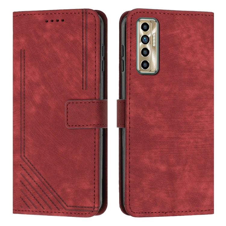For Tecno Camon 17P / 17 Pro Skin Feel Stripe Pattern Leather Phone Case with Lanyard(Red)