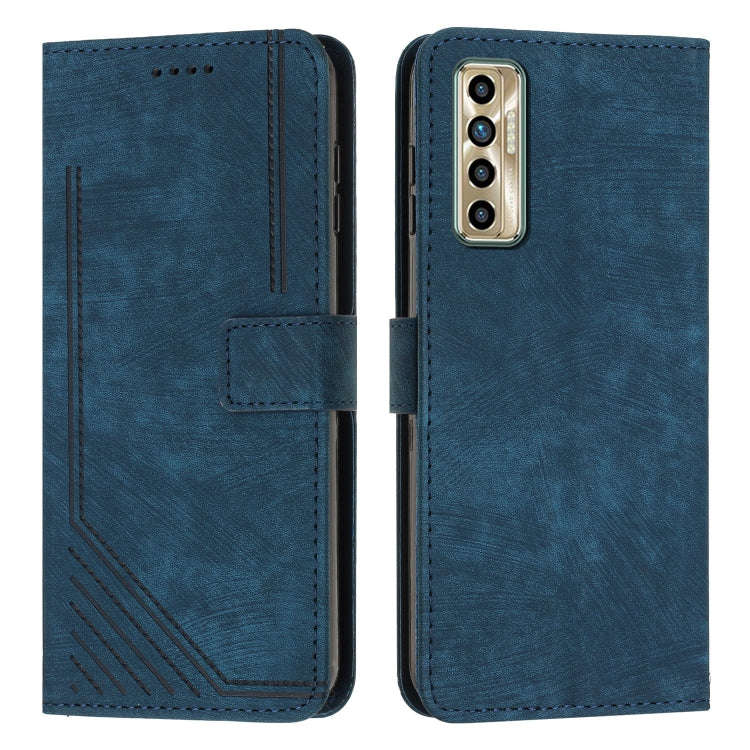 For Tecno Camon 17P / 17 Pro Skin Feel Stripe Pattern Leather Phone Case with Lanyard(Blue)