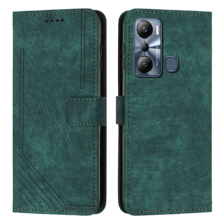 For Infinix Hot 20 Play Skin Feel Stripe Pattern Leather Phone Case with Lanyard(Green)