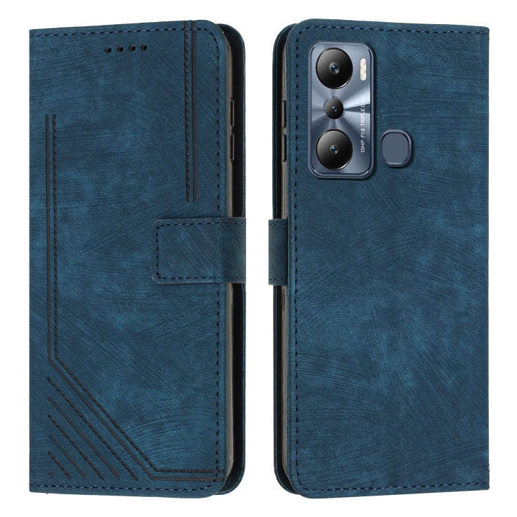 For Infinix Hot 20 Play Skin Feel Stripe Pattern Leather Phone Case with Lanyard(Blue)