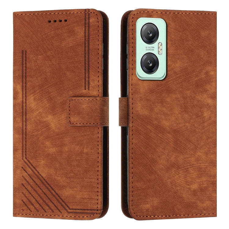 For Infinix Hot 20 5G Skin Feel Stripe Pattern Leather Phone Case with Lanyard(Brown)