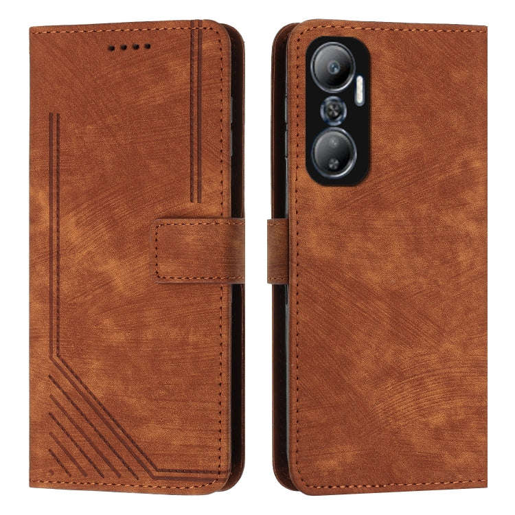 For Infinix Hot 20 4G Skin Feel Stripe Pattern Leather Phone Case with Lanyard(Brown)