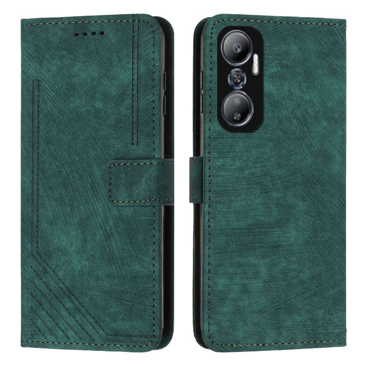 For Infinix Hot 20 4G Skin Feel Stripe Pattern Leather Phone Case with Lanyard(Green)