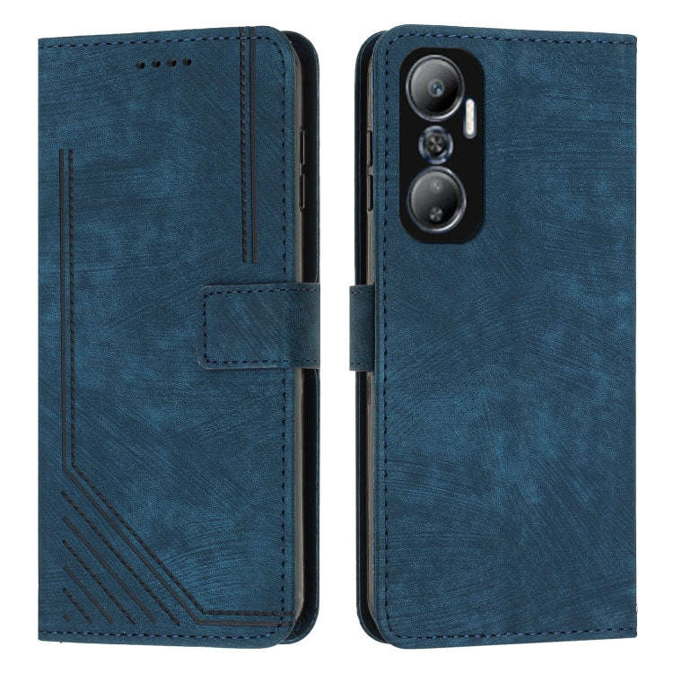 For Infinix Hot 20 4G Skin Feel Stripe Pattern Leather Phone Case with Lanyard(Blue)