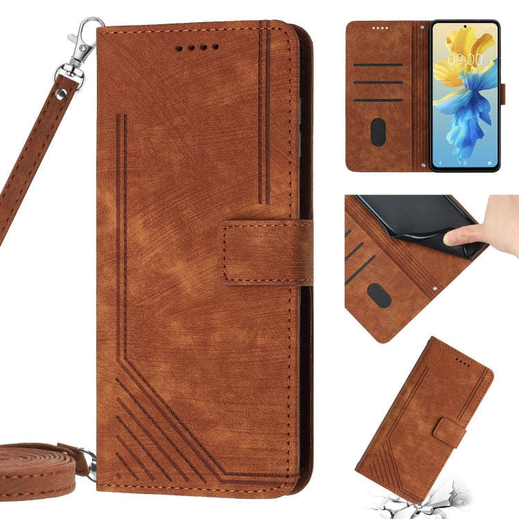 For Infinix Hot 12 Pro Skin Feel Stripe Pattern Leather Phone Case with Lanyard(Brown)