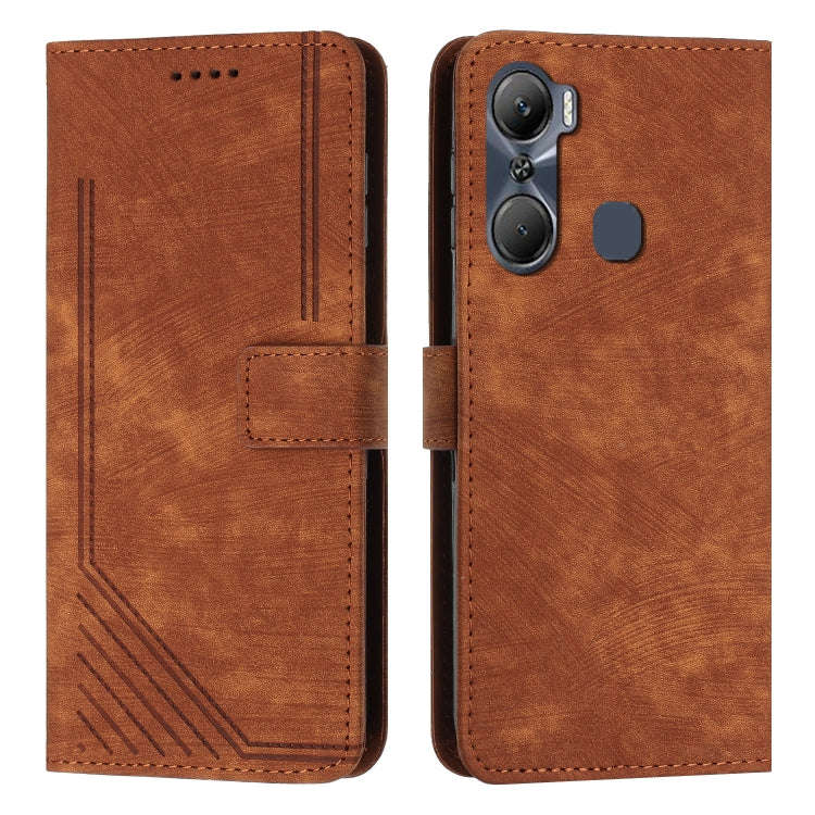 For Infinix Hot 12 Pro Skin Feel Stripe Pattern Leather Phone Case with Lanyard(Brown)