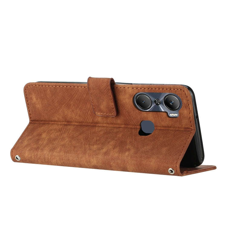 For Infinix Hot 12 Pro Skin Feel Stripe Pattern Leather Phone Case with Lanyard(Brown)