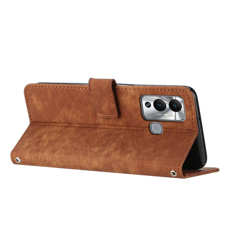 For Infinix Hot 12 Play Skin Feel Stripe Pattern Leather Phone Case with Lanyard(Brown)