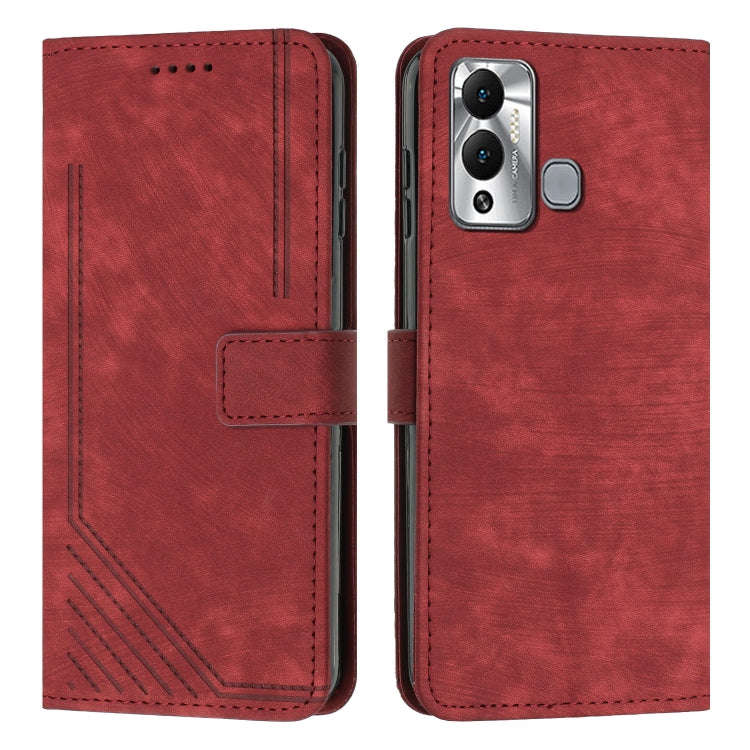 For Infinix Hot 12 Play Skin Feel Stripe Pattern Leather Phone Case with Lanyard(Red)