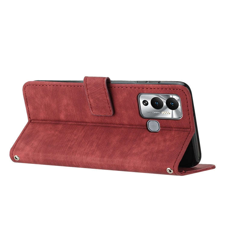 For Infinix Hot 12 Play Skin Feel Stripe Pattern Leather Phone Case with Lanyard(Red)