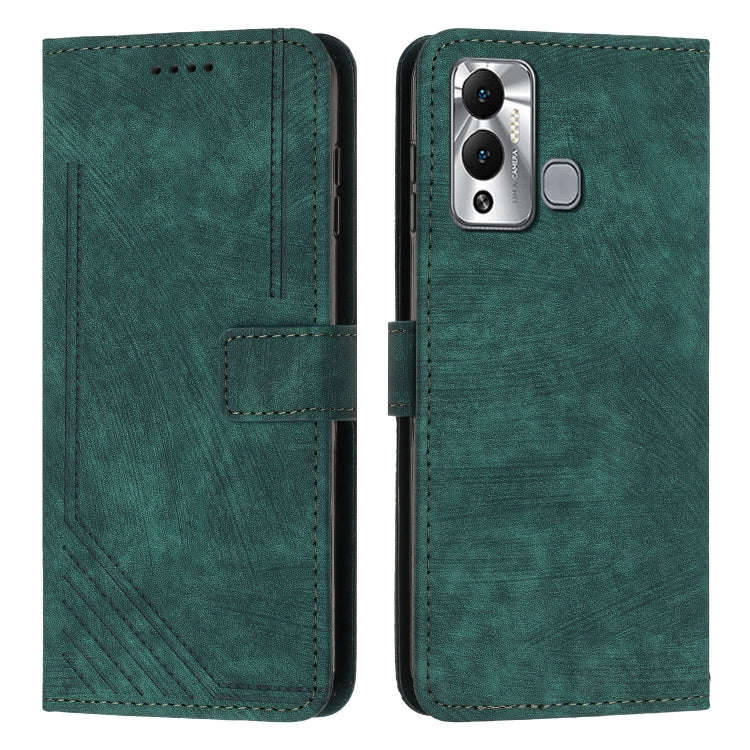 For Infinix Hot 12 Play Skin Feel Stripe Pattern Leather Phone Case with Lanyard(Green)