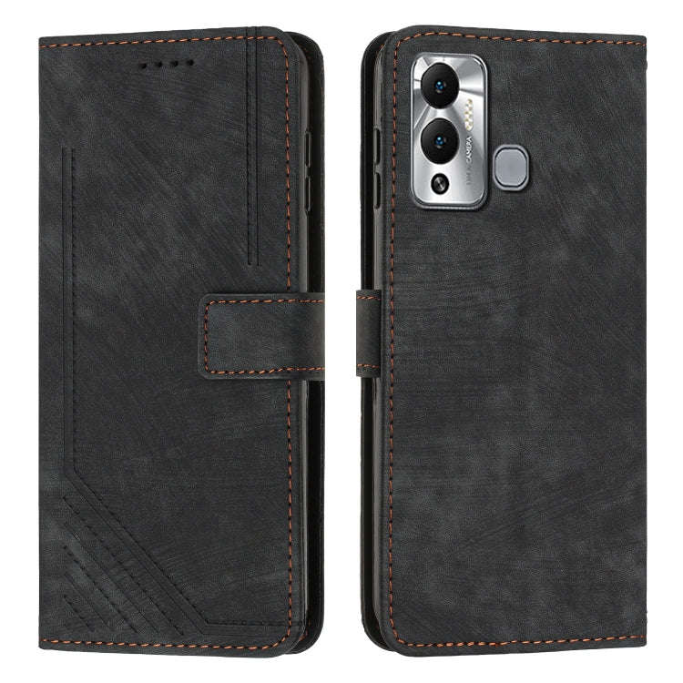 For Infinix Hot 12 Play Skin Feel Stripe Pattern Leather Phone Case with Lanyard(Black)
