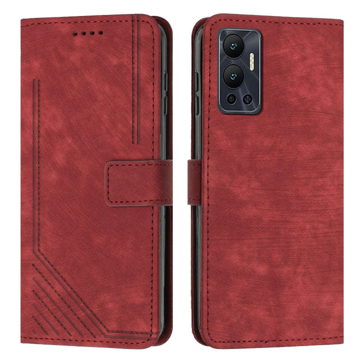 For Infinix Hot 12 Skin Feel Stripe Pattern Leather Phone Case with Lanyard(Red)