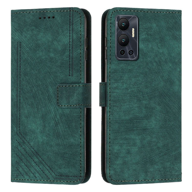 For Infinix Hot 12 Skin Feel Stripe Pattern Leather Phone Case with Lanyard(Green)