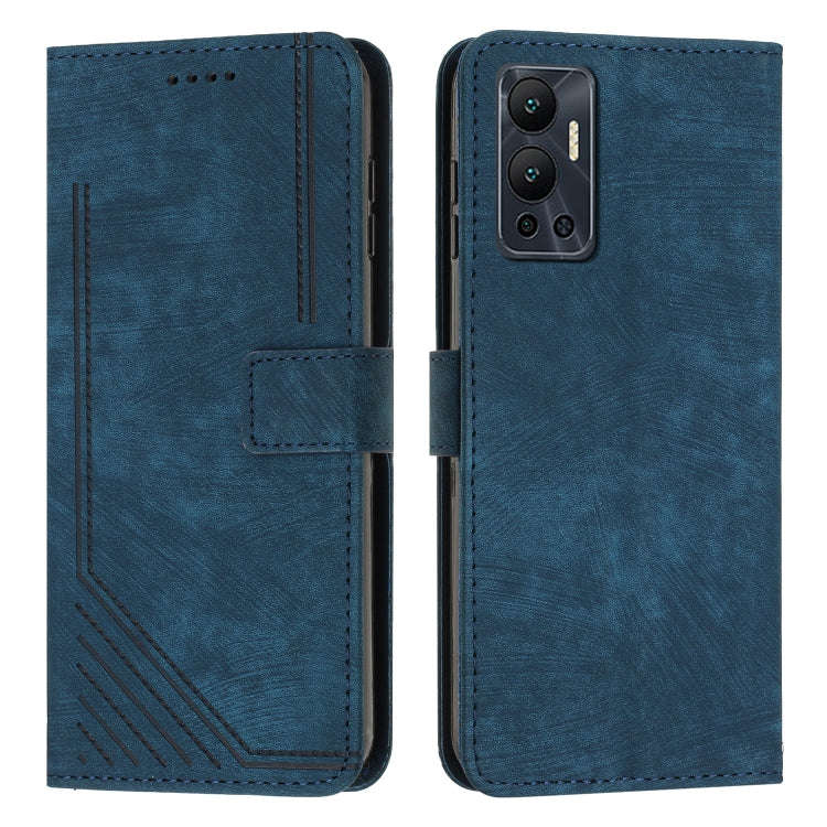 For Infinix Hot 12 Skin Feel Stripe Pattern Leather Phone Case with Lanyard(Blue)