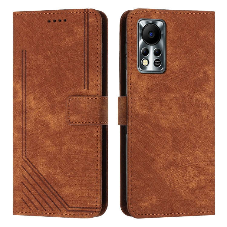 For Infinix Hot 11s NFC Skin Feel Stripe Pattern Leather Phone Case with Lanyard(Brown)
