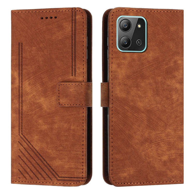 For Infinix Hot 11 2022 Skin Feel Stripe Pattern Leather Phone Case with Lanyard(Brown)