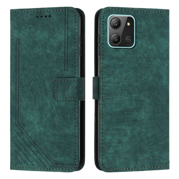 For Infinix Hot 11 2022 Skin Feel Stripe Pattern Leather Phone Case with Lanyard(Green)