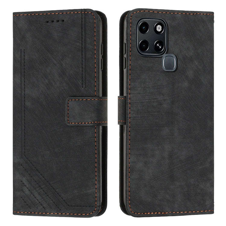For Infinix Smart 6 Skin Feel Stripe Pattern Leather Phone Case with Lanyard(Black)