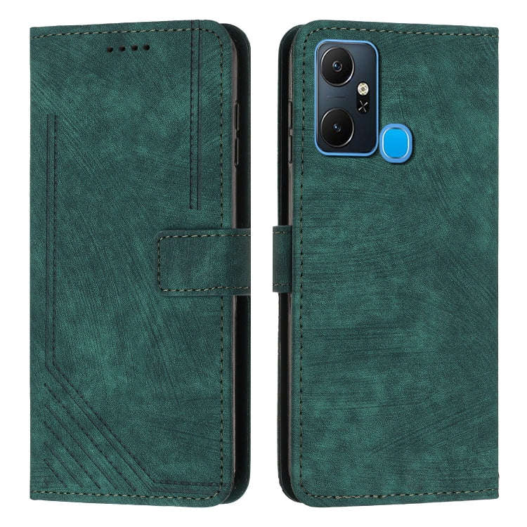 For Infinix Smart 6 Plus India Skin Feel Stripe Pattern Leather Phone Case with Lanyard(Green)