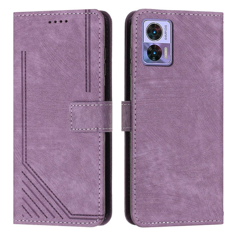 For Motorola Edge 30 Neo / 30 Lite Skin Feel Stripe Pattern Leather Phone Case with Lanyard(Purple)