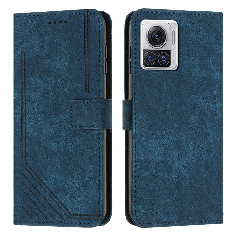 For Motorola Edge 30 Ultra / X30 Pro Skin Feel Stripe Pattern Leather Phone Case with Lanyard(Blue)