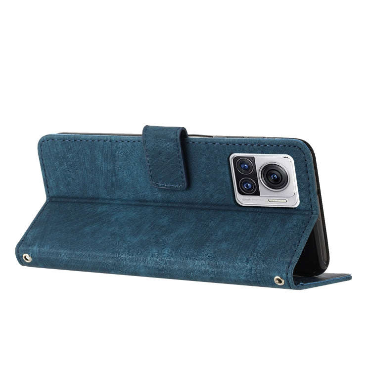 For Motorola Edge 30 Ultra / X30 Pro Skin Feel Stripe Pattern Leather Phone Case with Lanyard(Blue)