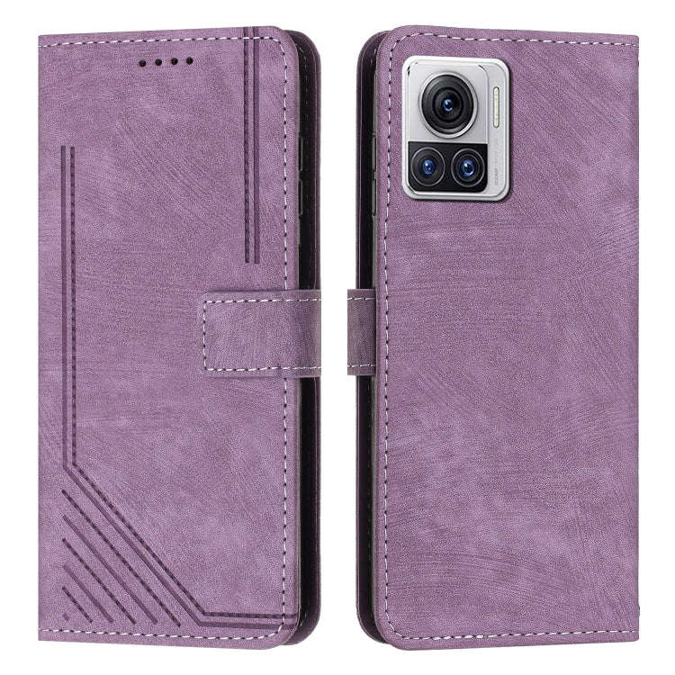 For Motorola Edge 30 Ultra / X30 Pro Skin Feel Stripe Pattern Leather Phone Case with Lanyard(Pur...