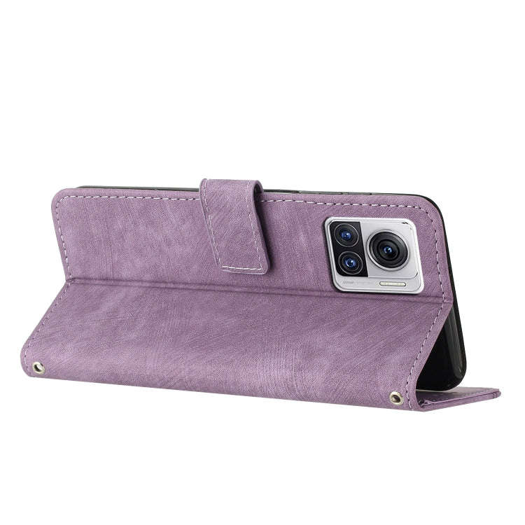 For Motorola Edge 30 Ultra / X30 Pro Skin Feel Stripe Pattern Leather Phone Case with Lanyard(Pur...