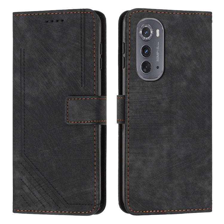 For Motorola Edge 2022 Skin Feel Stripe Pattern Leather Phone Case with Lanyard(Black)