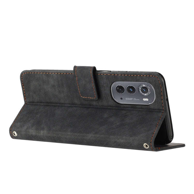 For Motorola Edge 2022 Skin Feel Stripe Pattern Leather Phone Case with Lanyard(Black)